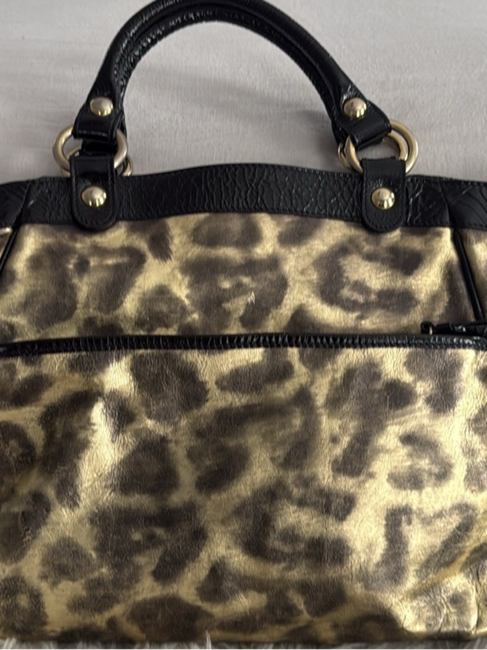 Women's Maurizio Taiuti Animal print Gold and Back patent handbag